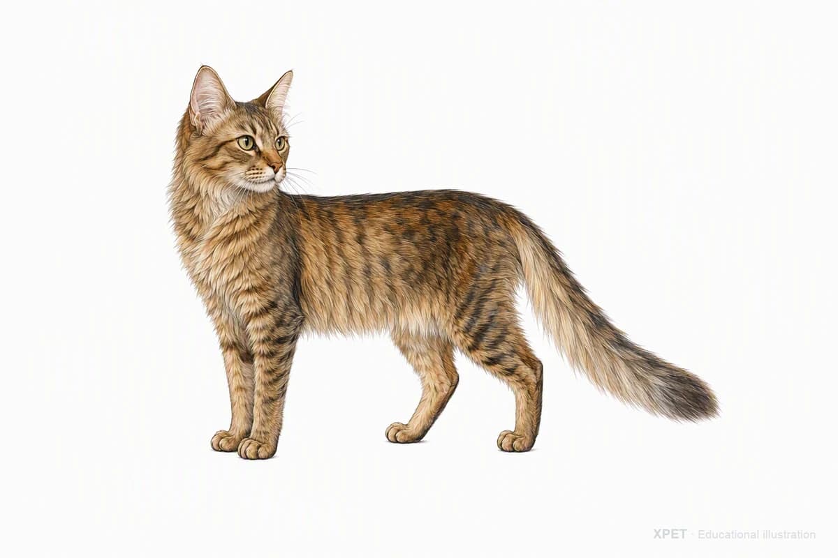 Original XPET engraving and watercolor illustration of Oriental Longhair: a complete three-quarter standing view.