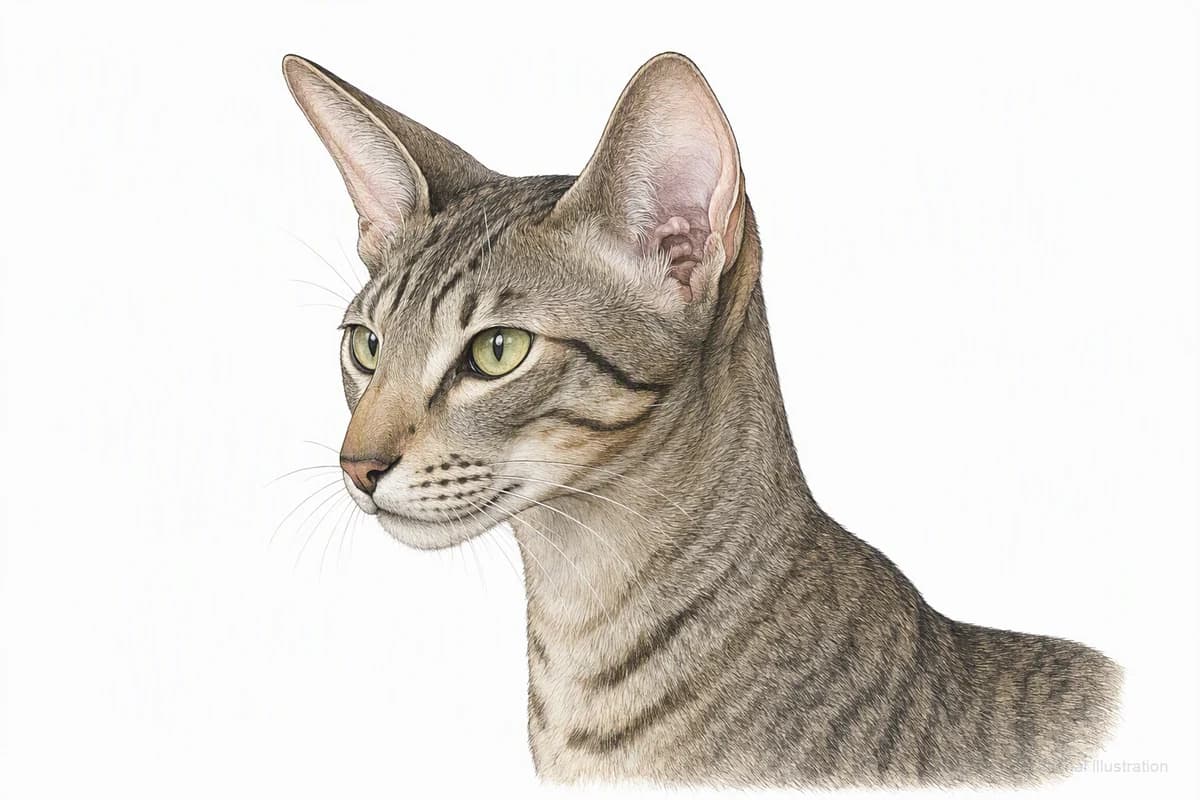 Original XPET engraving and watercolor illustration of Oriental Shorthair: a head and coat detail study.