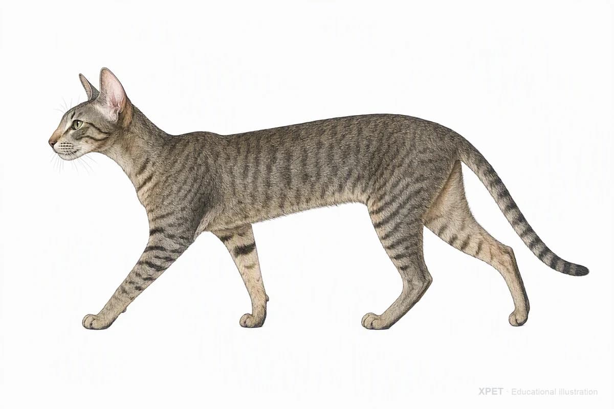 Original XPET engraving and watercolor illustration of Oriental Shorthair: a natural movement study.