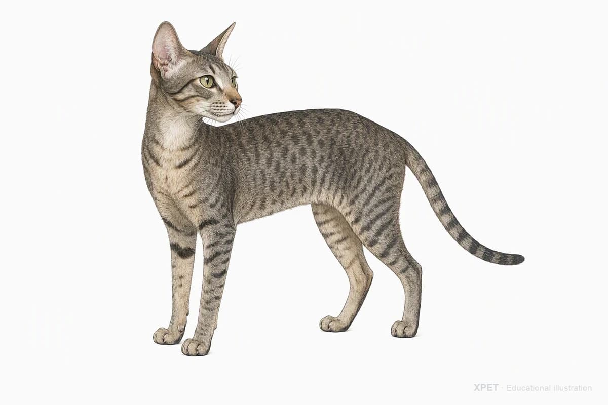 Original XPET engraving and watercolor illustration of Oriental Shorthair: a complete three-quarter standing view.