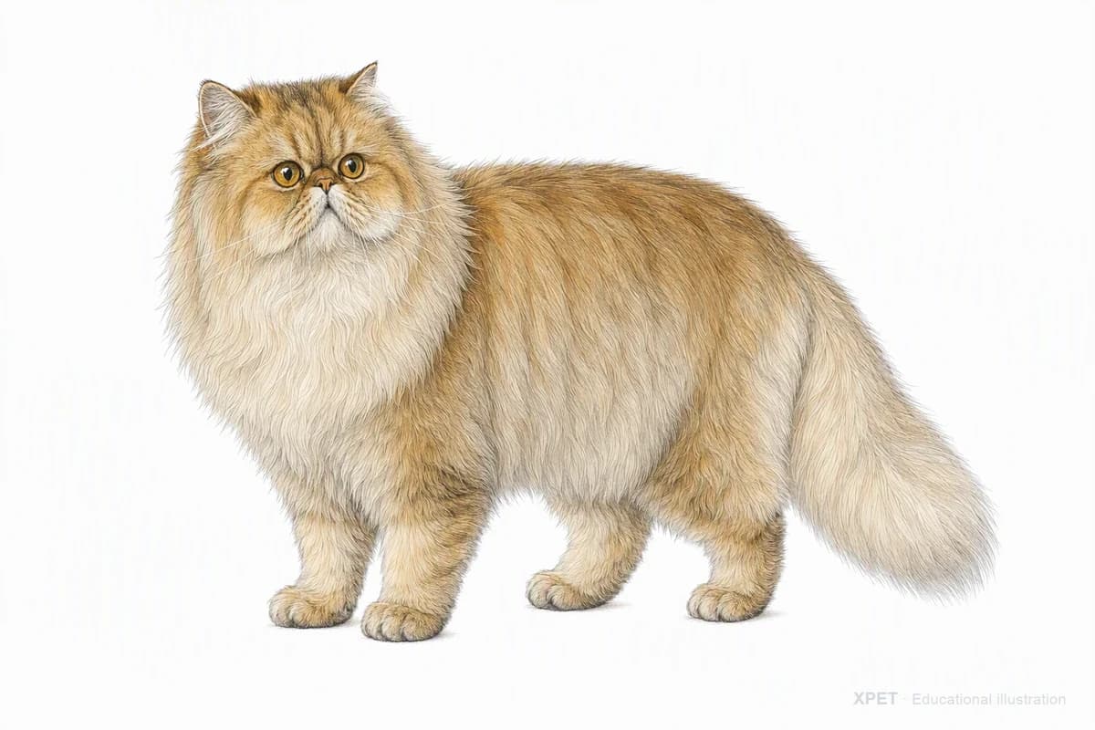 Original XPET engraving and watercolor illustration of Persian: a complete three-quarter standing view.