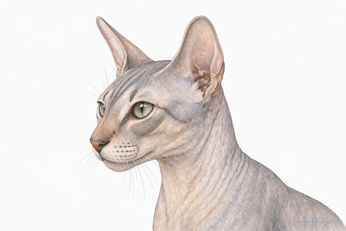 Original XPET engraving and watercolor illustration of Peterbald: a head and coat detail study.