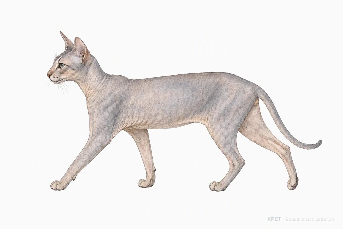 Original XPET engraving and watercolor illustration of Peterbald: a natural movement study.