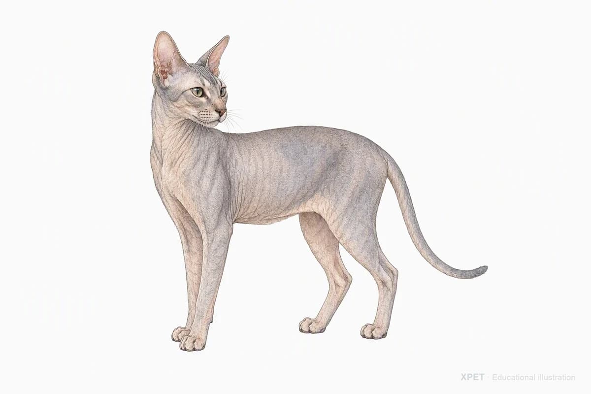 Original XPET engraving and watercolor illustration of Peterbald: a complete three-quarter standing view.