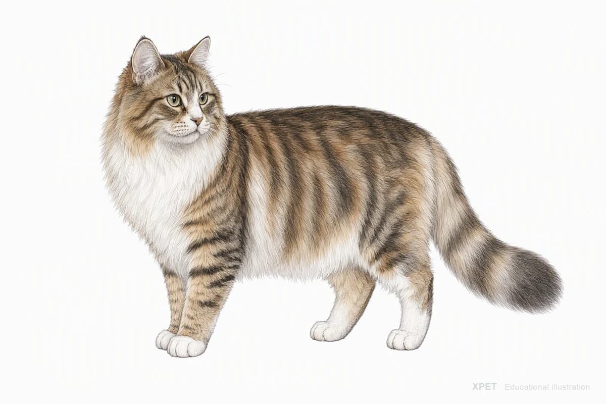 Original XPET engraving and watercolor illustration of Ragamuffin: a complete three-quarter standing view.