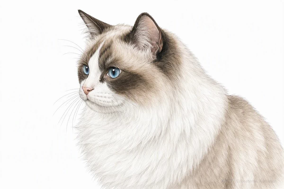 Original XPET engraving and watercolor illustration of Ragdoll: a head and coat detail study.