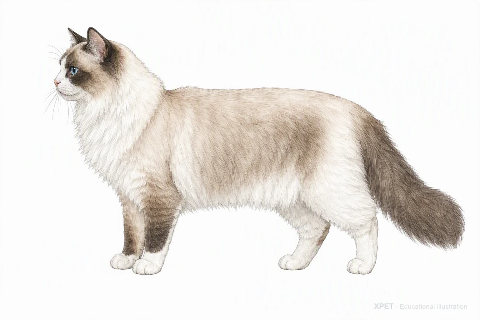 Original XPET engraving and watercolor illustration of Ragdoll: an adult in left-facing profile.