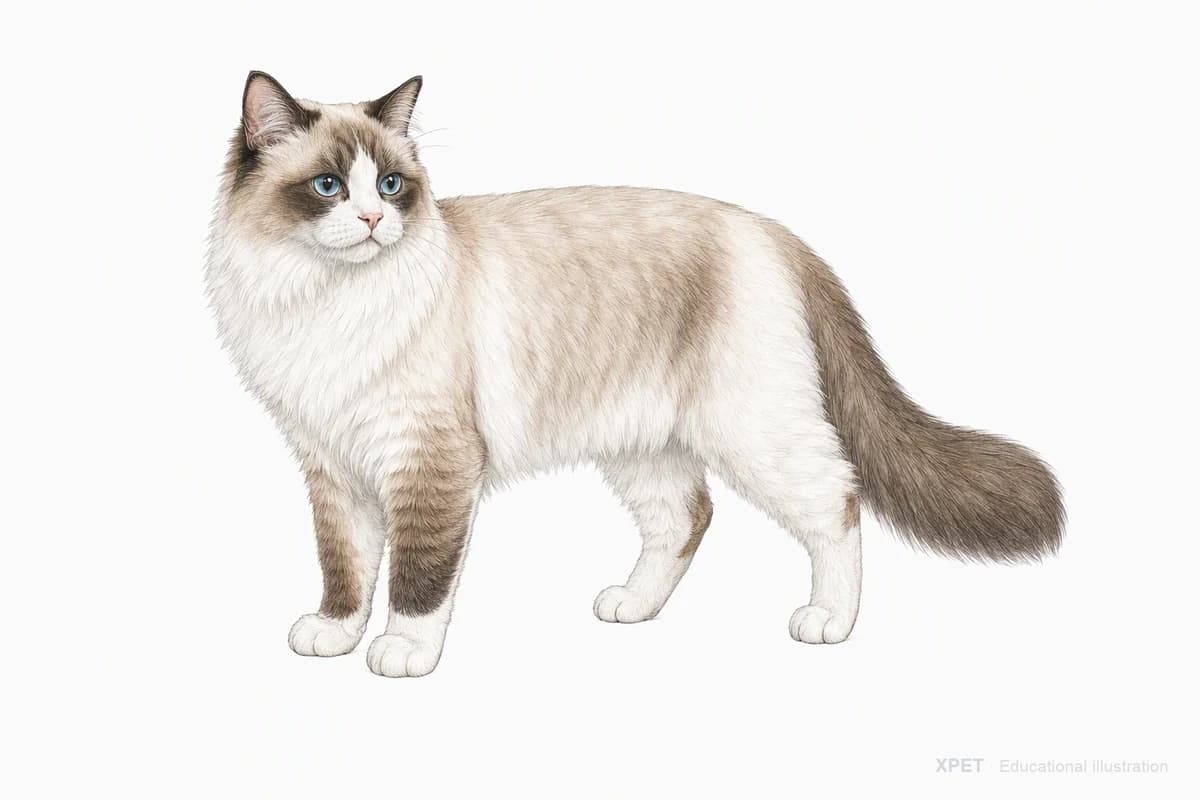 Original XPET engraving and watercolor illustration of Ragdoll: a complete three-quarter standing view.