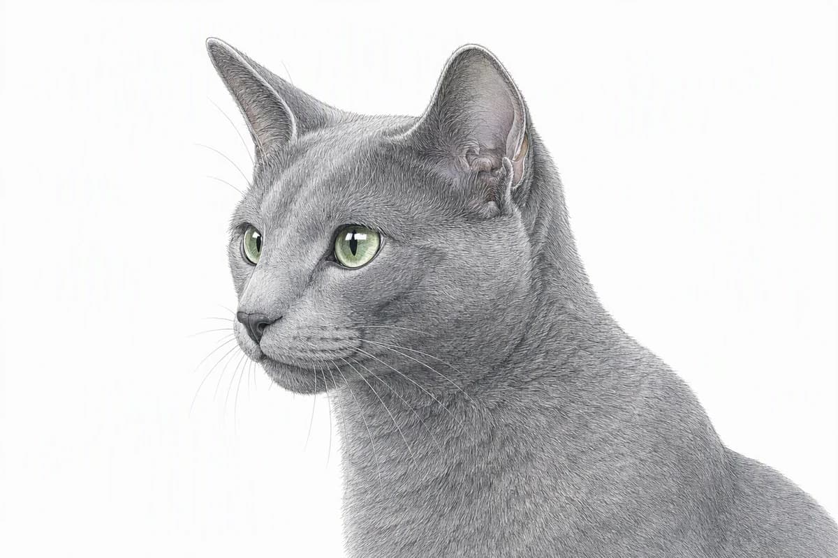 Original XPET engraving and watercolor illustration of Russian Blue: a head and coat detail study.