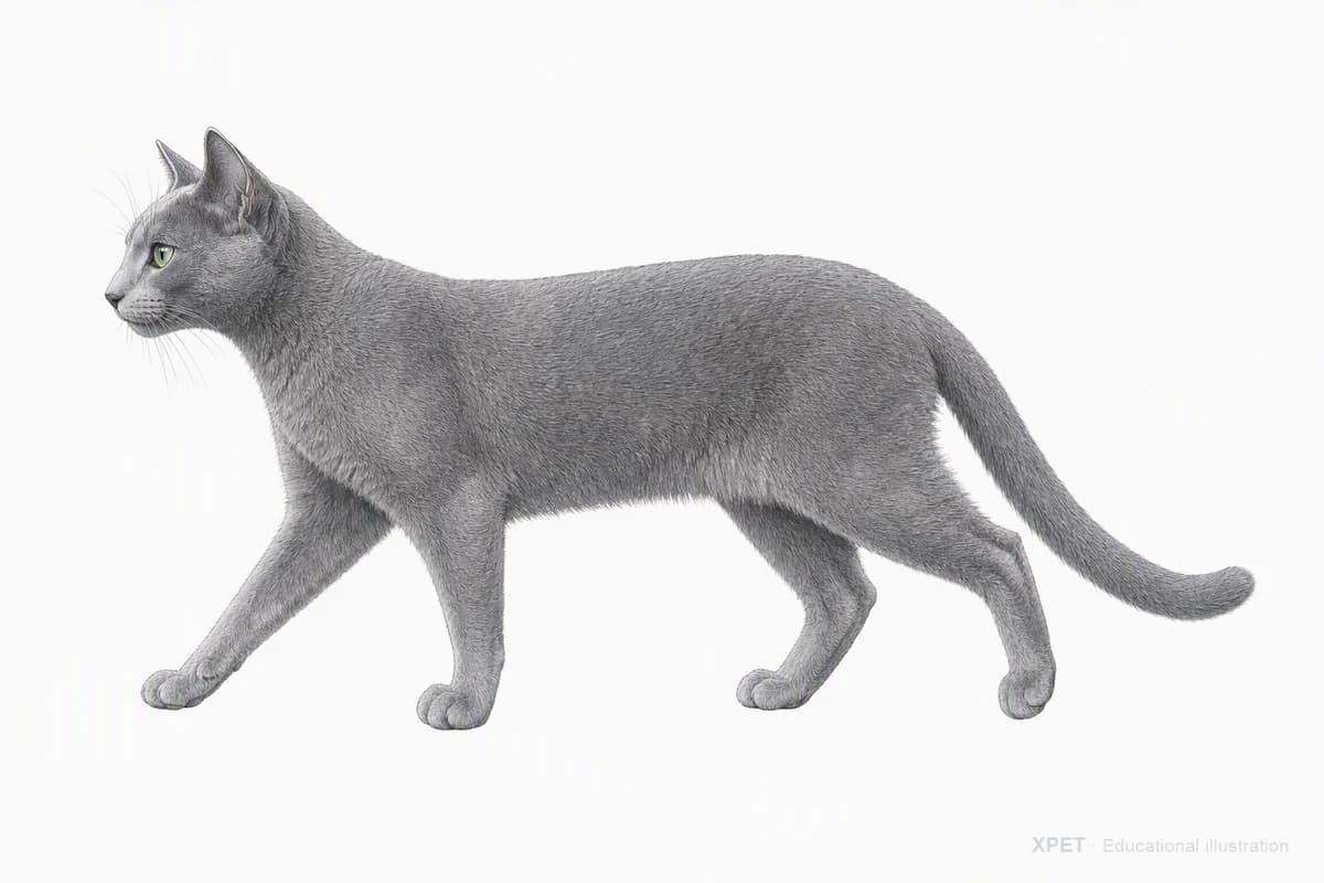 Original XPET engraving and watercolor illustration of Russian Blue: a natural movement study.