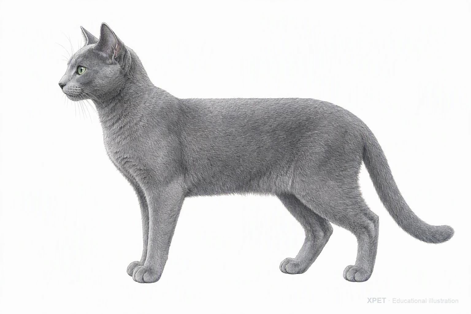 Original XPET engraving and watercolor illustration of Russian Blue: an adult in left-facing profile.
