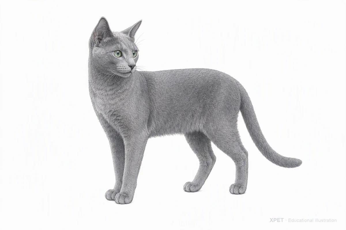 Original XPET engraving and watercolor illustration of Russian Blue: a complete three-quarter standing view.