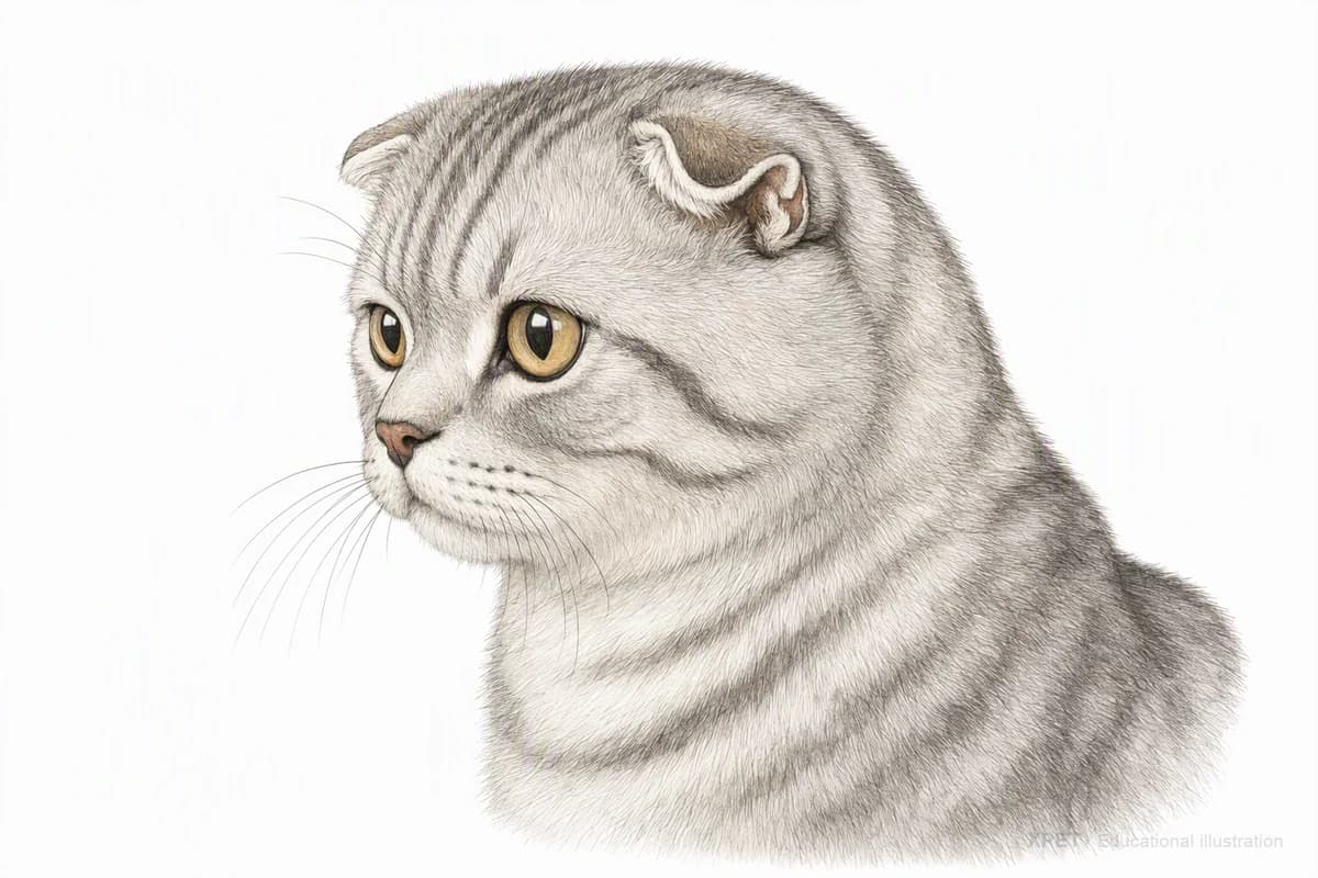 Original XPET engraving and watercolor illustration of Scottish Fold: a head and coat detail study.