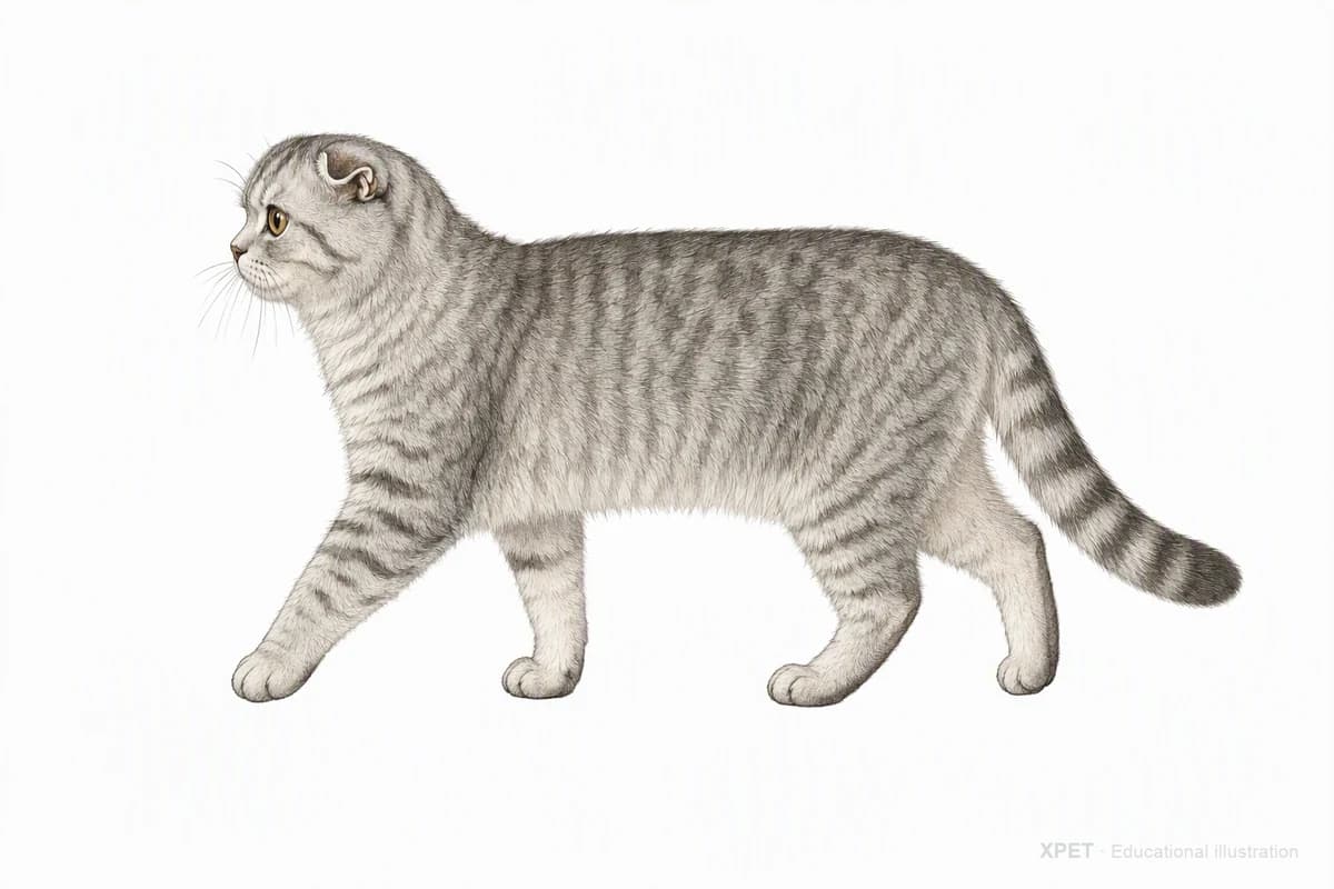 Original XPET engraving and watercolor illustration of Scottish Fold: a natural movement study.