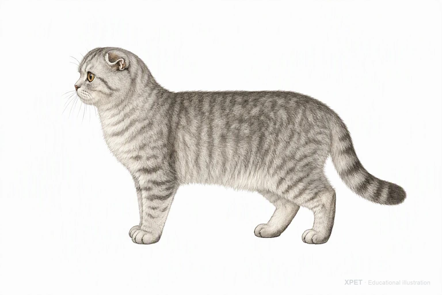 Original XPET engraving and watercolor illustration of Scottish Fold: an adult in left-facing profile.