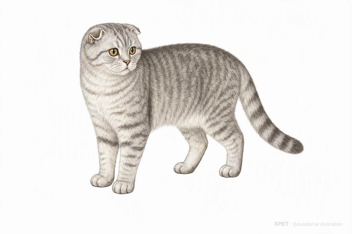 Original XPET engraving and watercolor illustration of Scottish Fold: a complete three-quarter standing view.