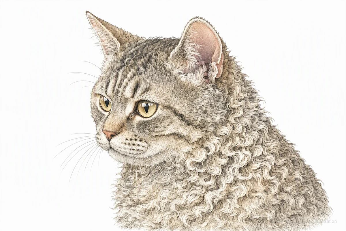 Original XPET engraving and watercolor illustration of Selkirk Rex: a head and coat detail study.