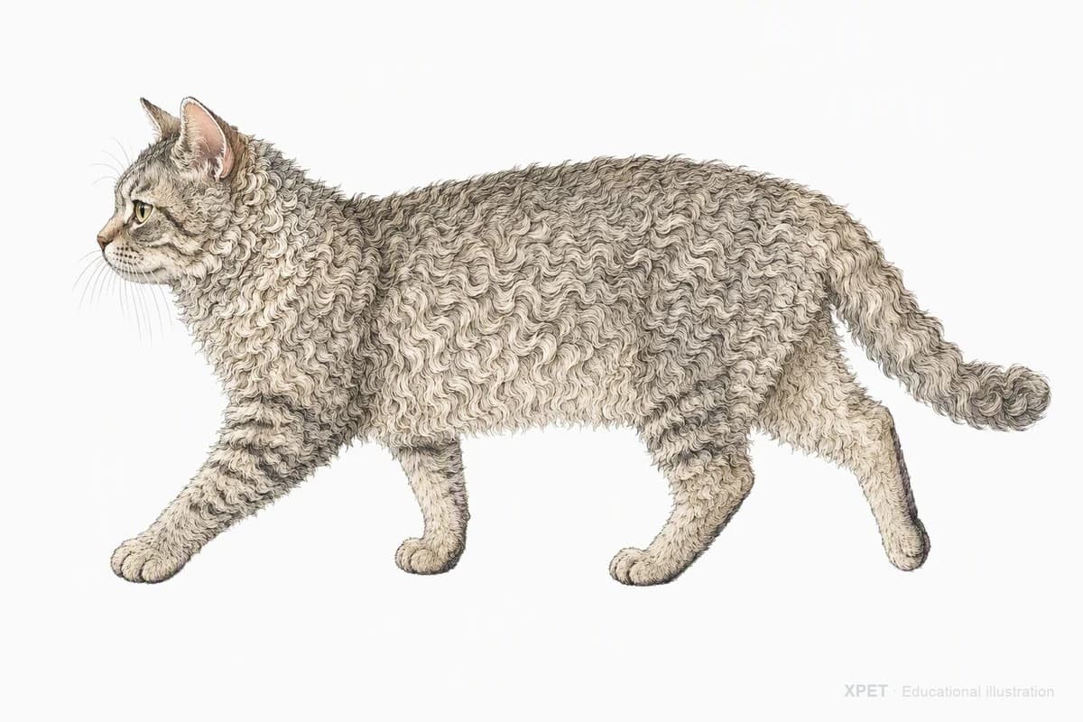 Original XPET engraving and watercolor illustration of Selkirk Rex: a natural movement study.