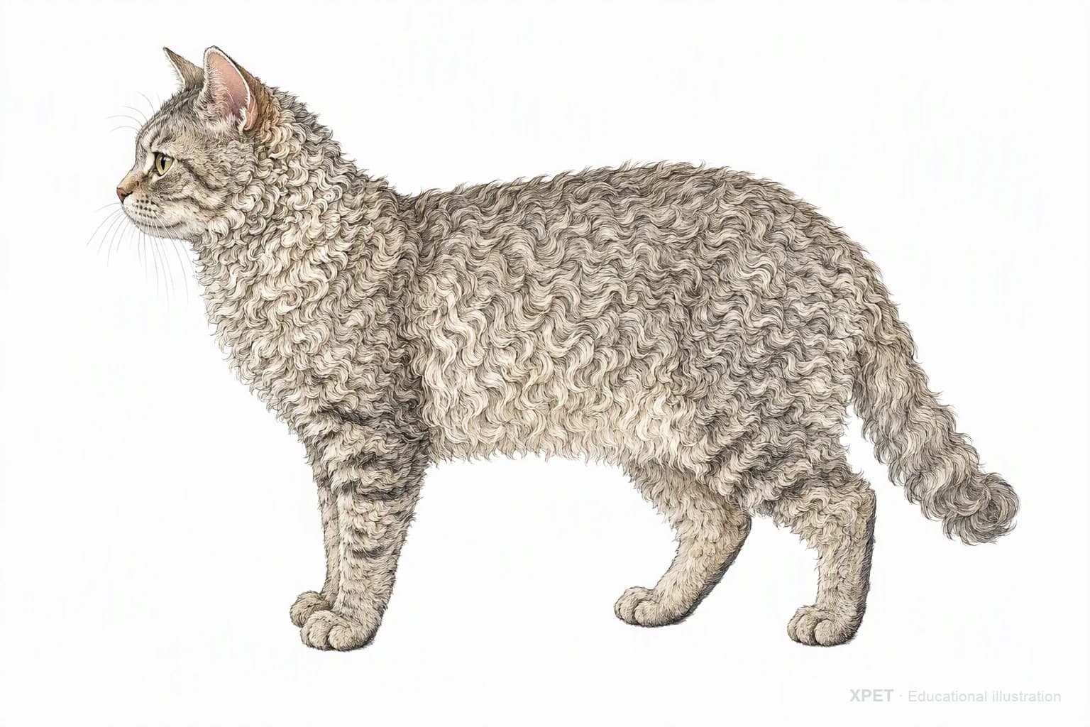 Original XPET engraving and watercolor illustration of Selkirk Rex: an adult in left-facing profile.