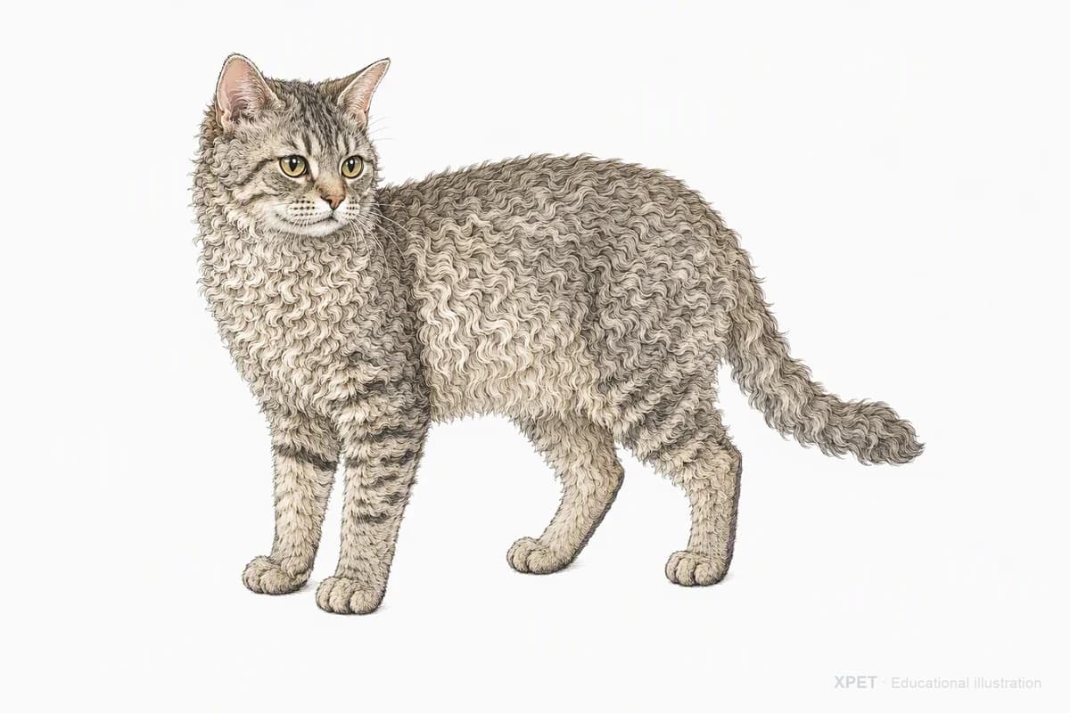 Original XPET engraving and watercolor illustration of Selkirk Rex: a complete three-quarter standing view.