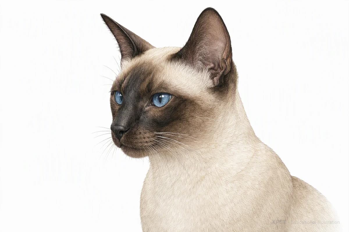 Original XPET engraving and watercolor illustration of Siamese: a head and coat detail study.