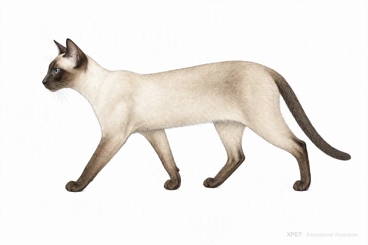 Original XPET engraving and watercolor illustration of Siamese: a natural movement study.
