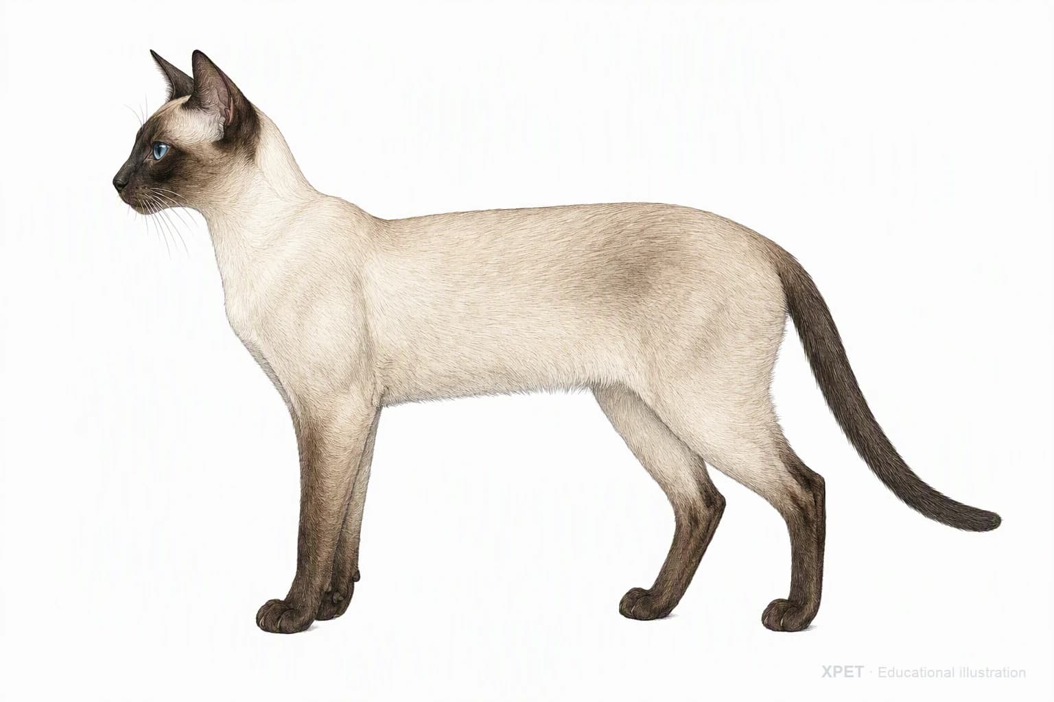 Original XPET engraving and watercolor illustration of Siamese: an adult in left-facing profile.