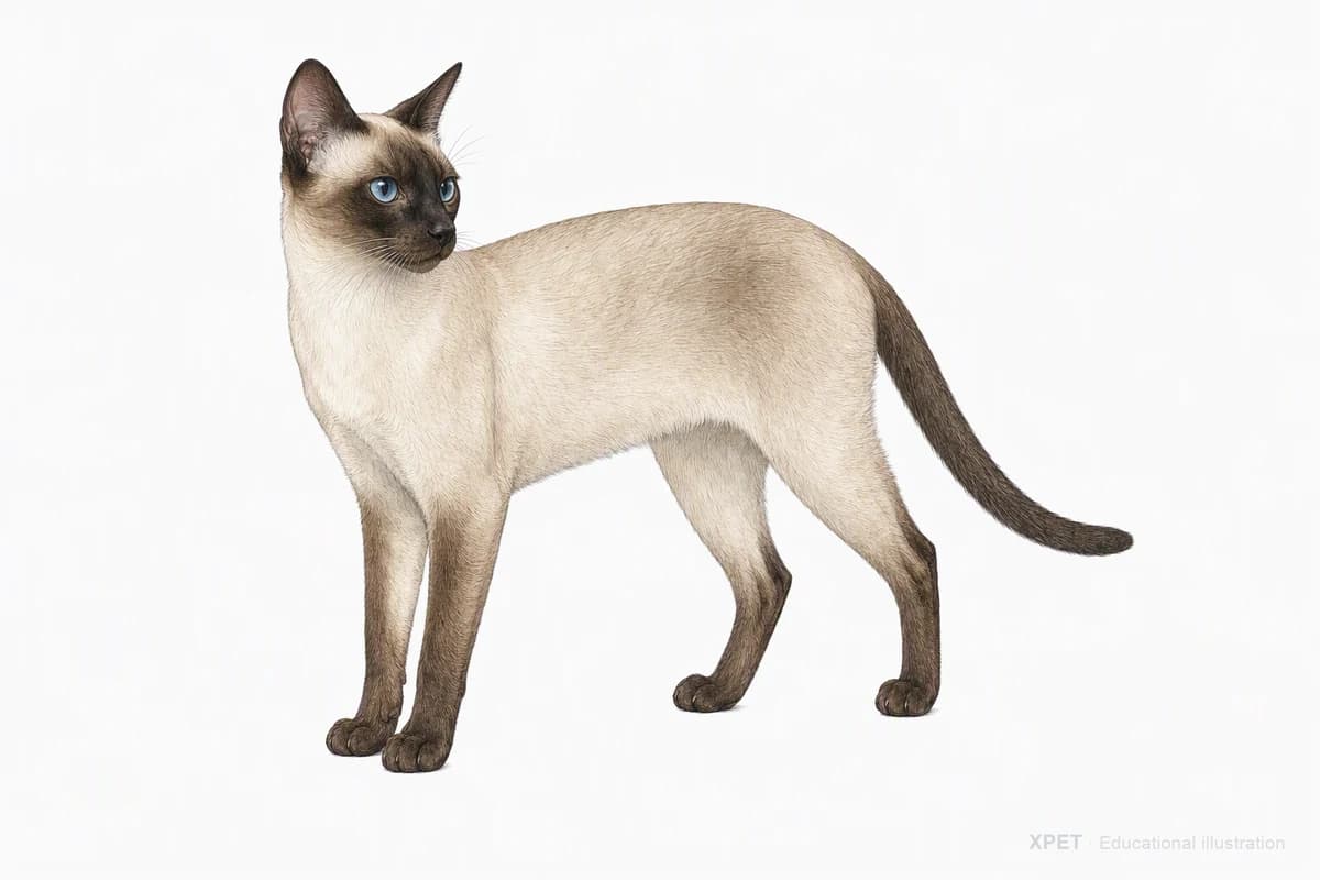 Original XPET engraving and watercolor illustration of Siamese: a complete three-quarter standing view.