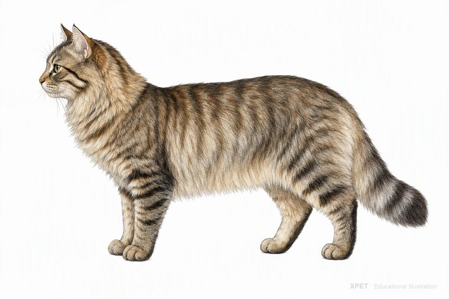 Original XPET engraving and watercolor illustration of Siberian: an adult in left-facing profile.
