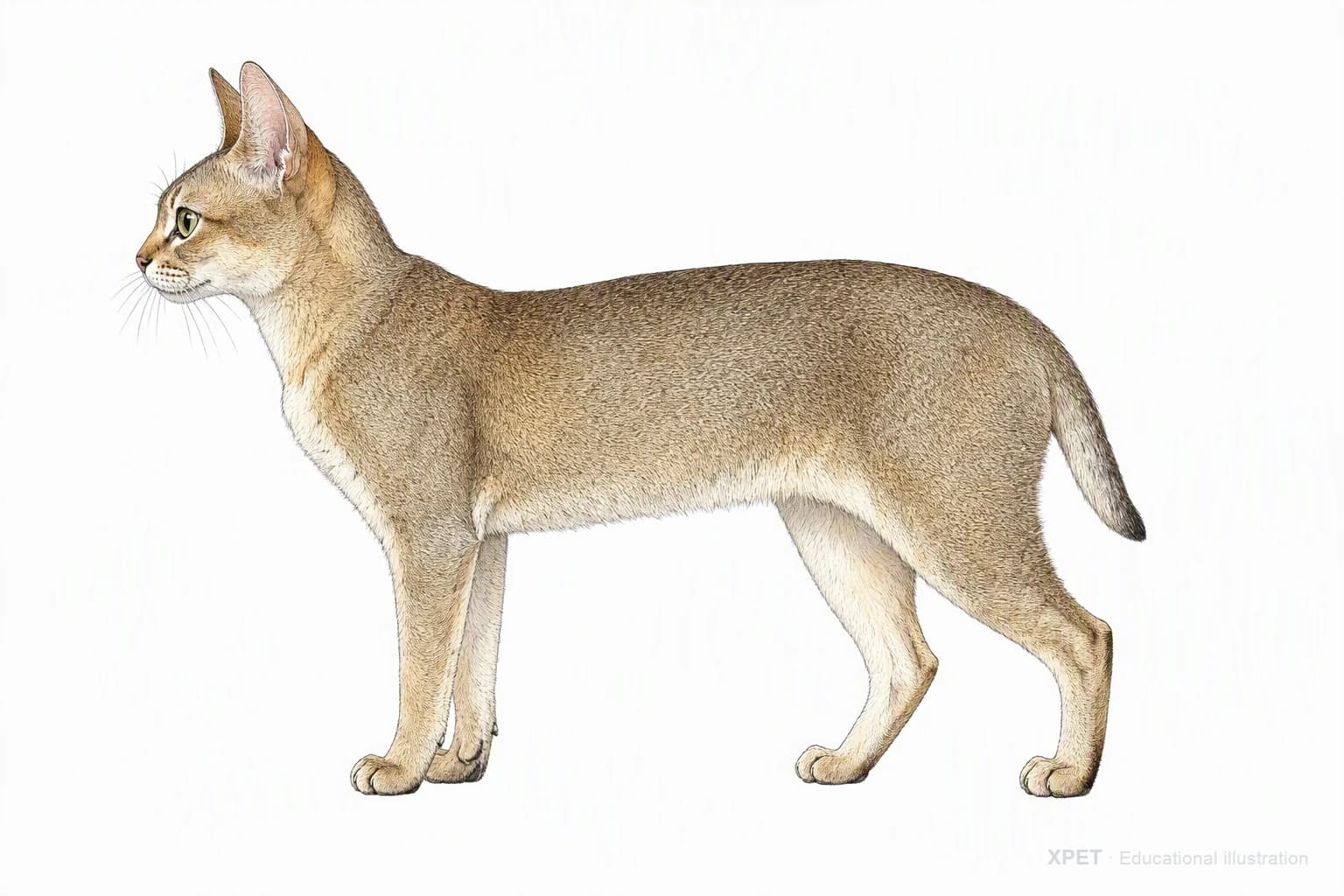 Original XPET engraving and watercolor illustration of Singapura: an adult in left-facing profile.