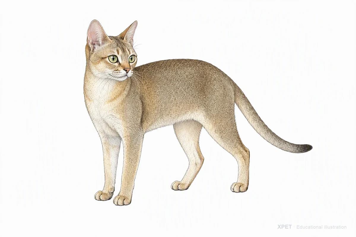 Original XPET engraving and watercolor illustration of Singapura: a complete three-quarter standing view.