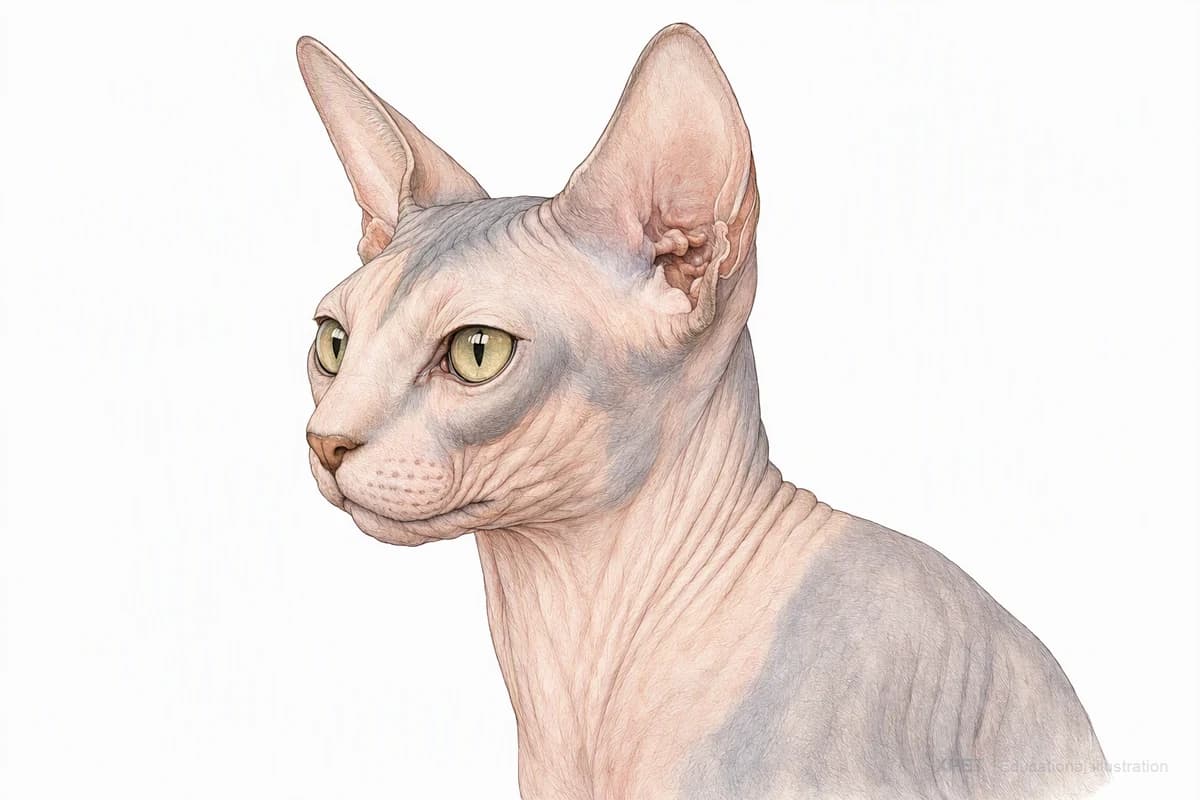 Original XPET engraving and watercolor illustration of Sphynx: a head and coat detail study.