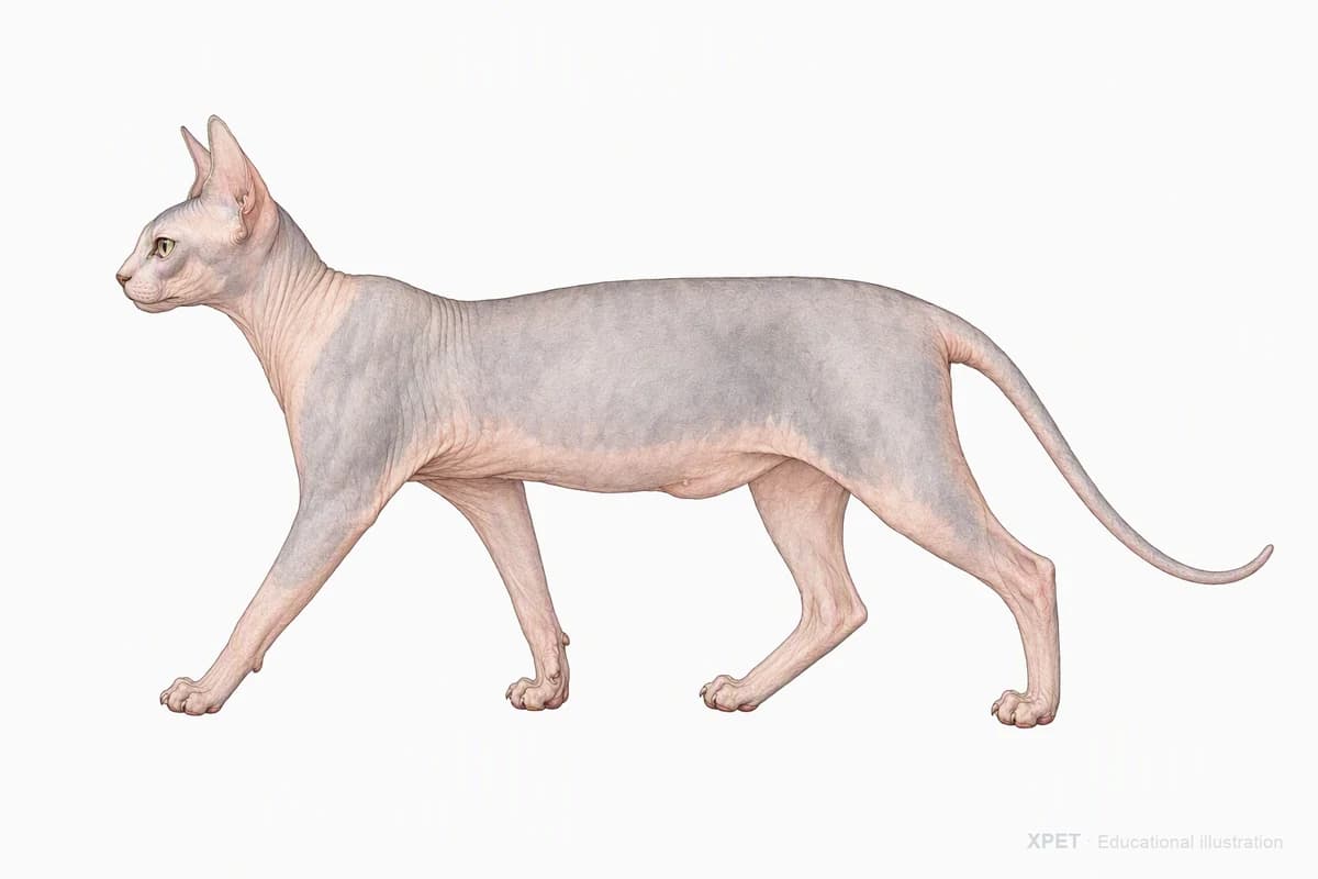 Original XPET engraving and watercolor illustration of Sphynx: a natural movement study.
