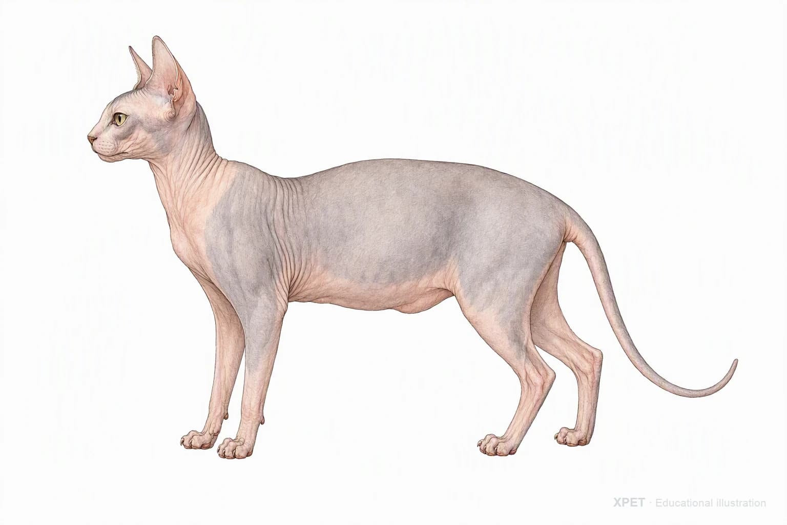 Original XPET engraving and watercolor illustration of Sphynx: an adult in left-facing profile.