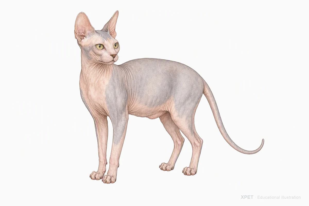Original XPET engraving and watercolor illustration of Sphynx: a complete three-quarter standing view.