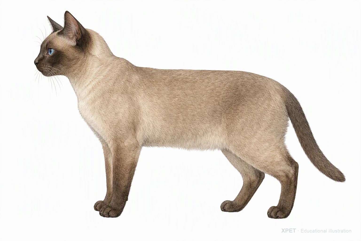 Original XPET engraving and watercolor illustration of Tonkinese: an adult in left-facing profile.
