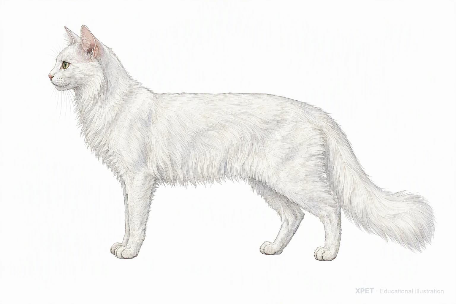 Original XPET engraving and watercolor illustration of Turkish Angora: an adult in left-facing profile.