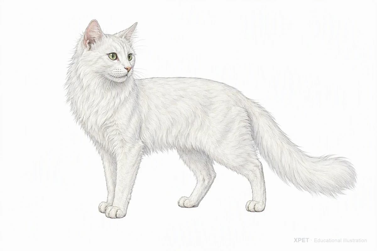 Original XPET engraving and watercolor illustration of Turkish Angora: a complete three-quarter standing view.