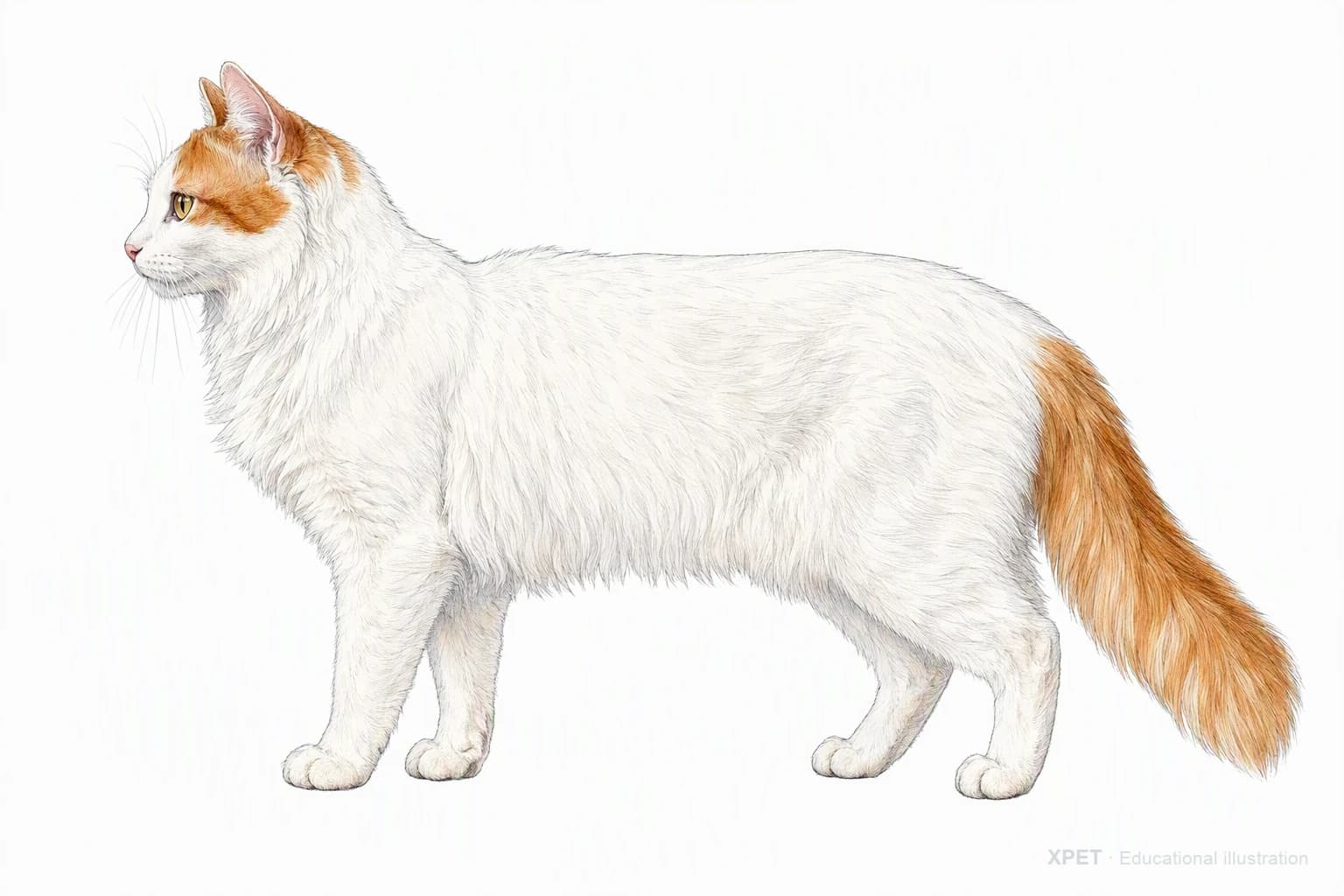 Original XPET engraving and watercolor illustration of Turkish Van: an adult in left-facing profile.