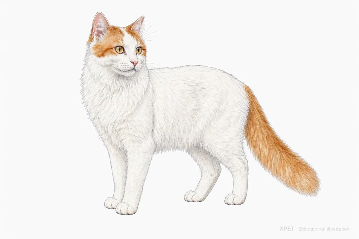 Original XPET engraving and watercolor illustration of Turkish Van: a complete three-quarter standing view.