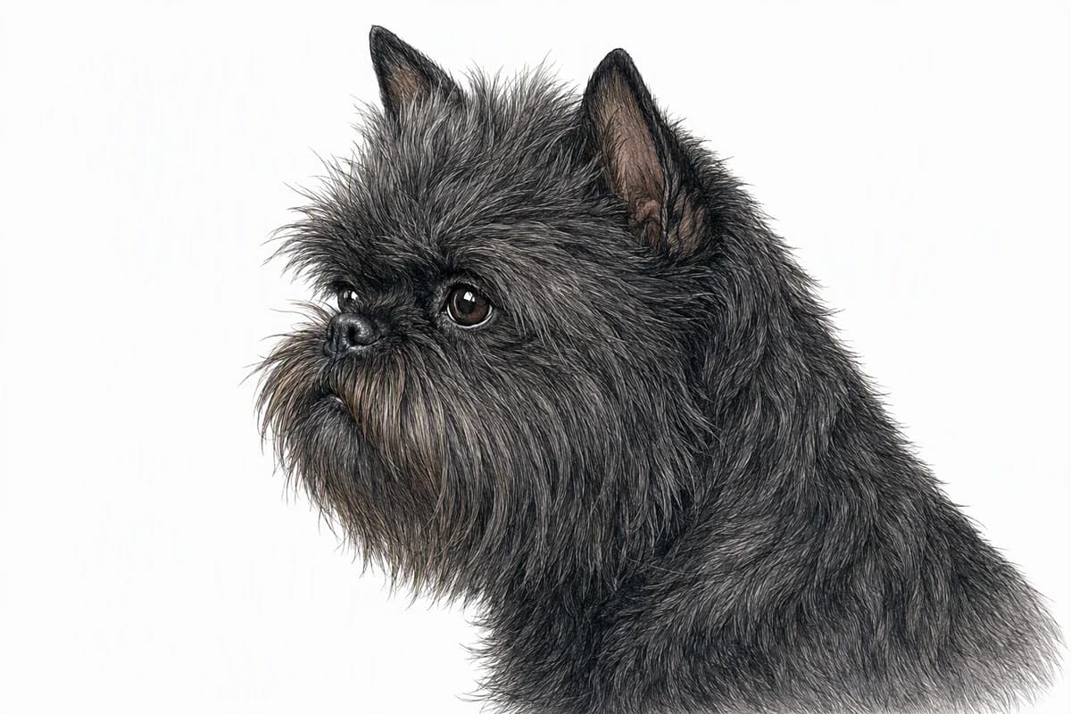 Original XPET engraving and watercolor illustration of Affenpinscher: a head and coat detail study.