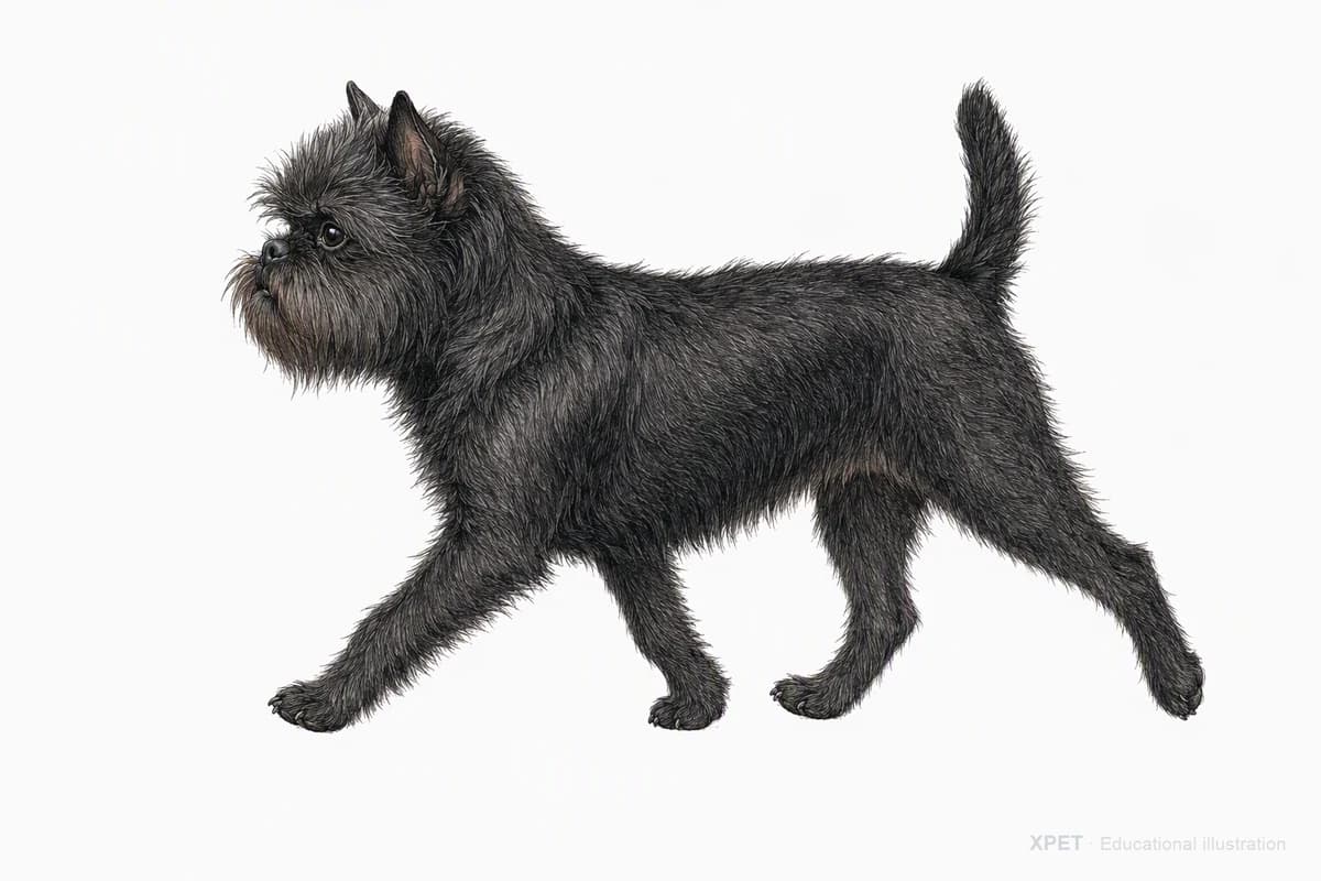 Original XPET engraving and watercolor illustration of Affenpinscher: a natural movement study.