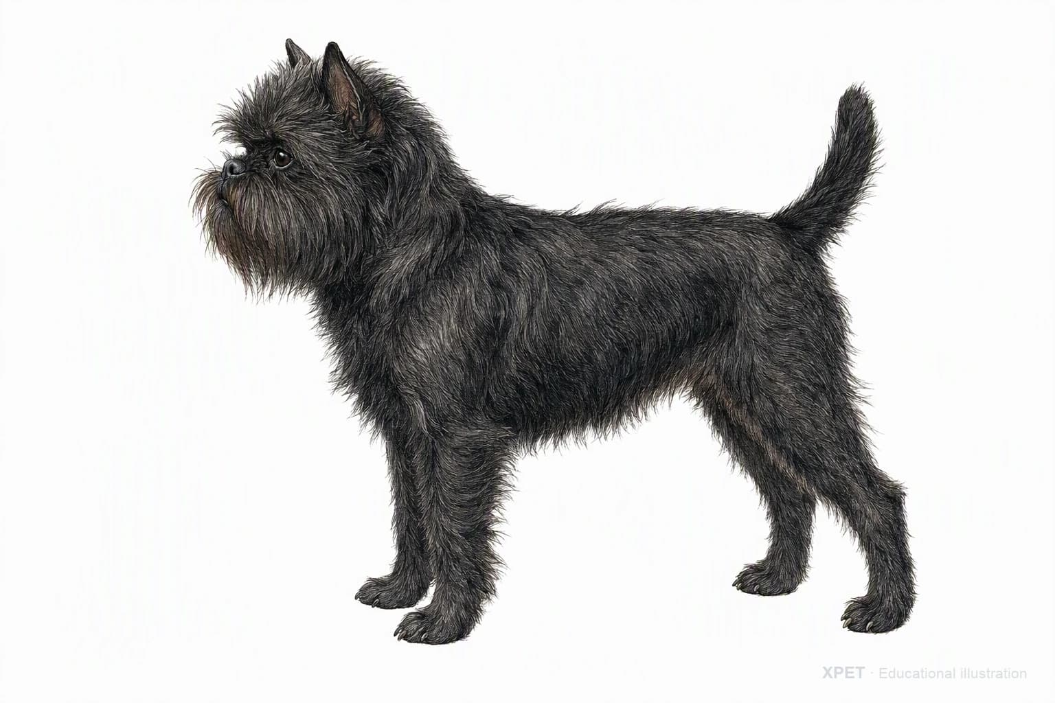 Original XPET engraving and watercolor illustration of Affenpinscher: an adult in left-facing profile.
