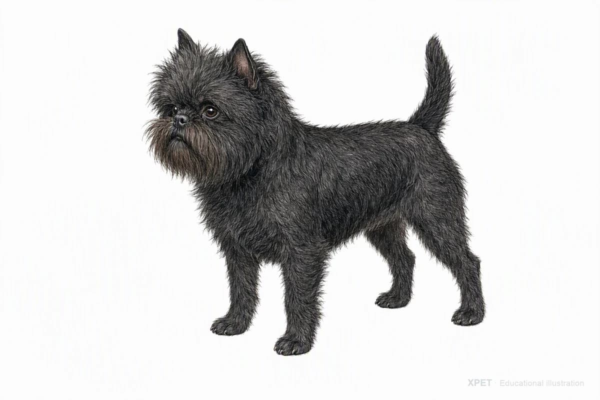 Original XPET engraving and watercolor illustration of Affenpinscher: a complete three-quarter standing view.