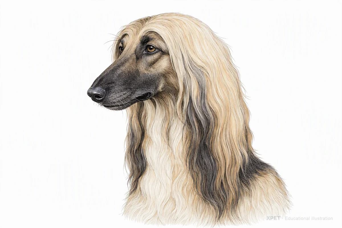 Original XPET engraving and watercolor illustration of Afghan Hound: a head and coat detail study.