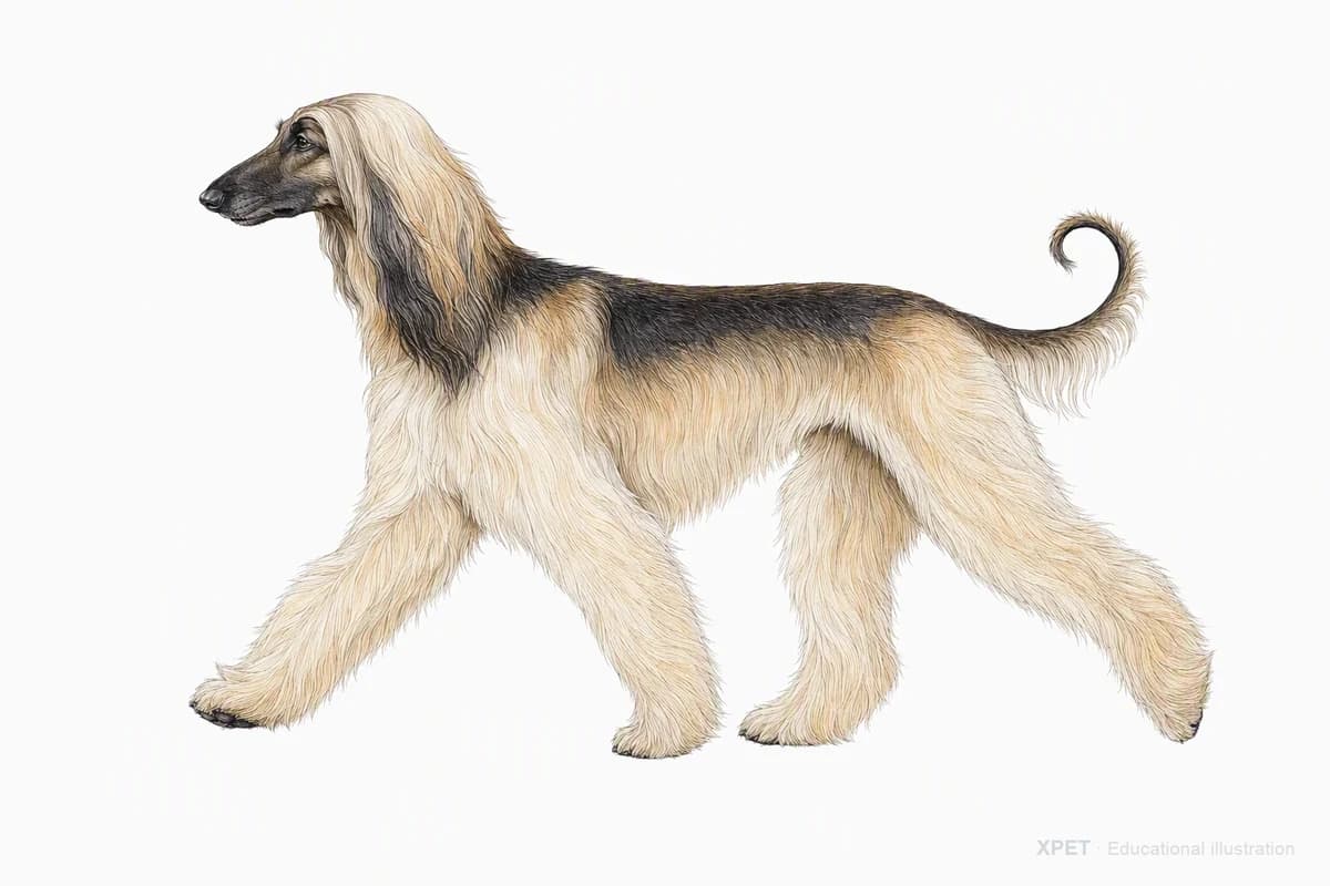 Original XPET engraving and watercolor illustration of Afghan Hound: a natural movement study.