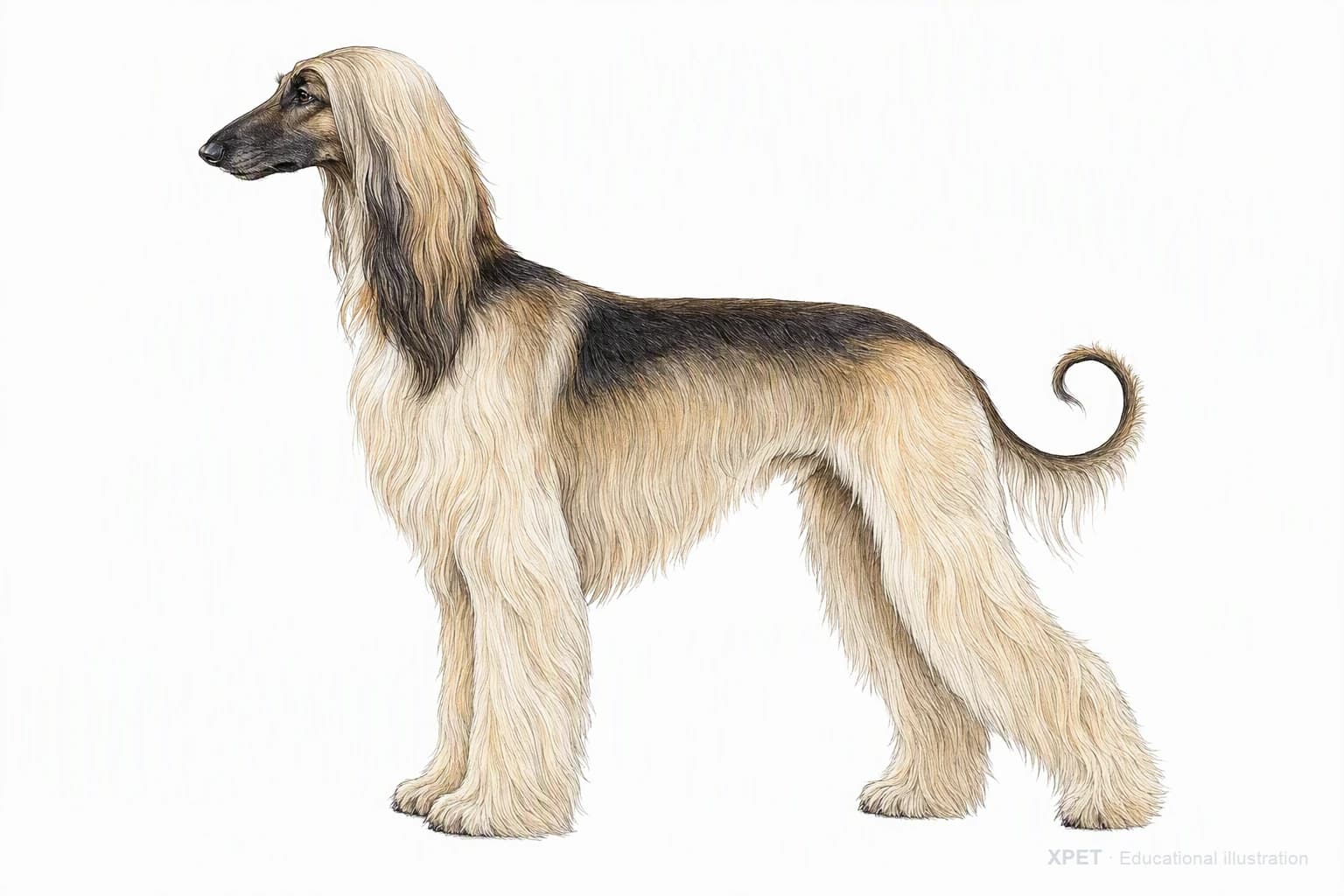 Original XPET engraving and watercolor illustration of Afghan Hound: an adult in left-facing profile.