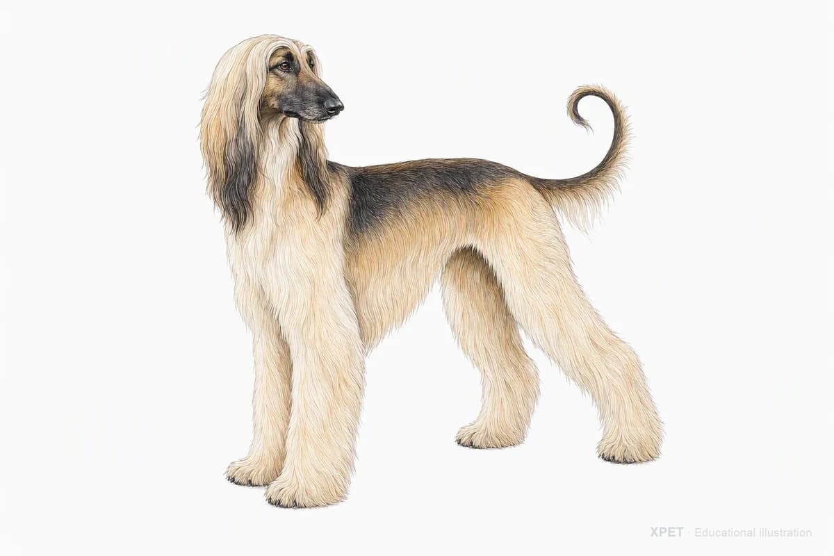 Original XPET engraving and watercolor illustration of Afghan Hound: a complete three-quarter standing view.