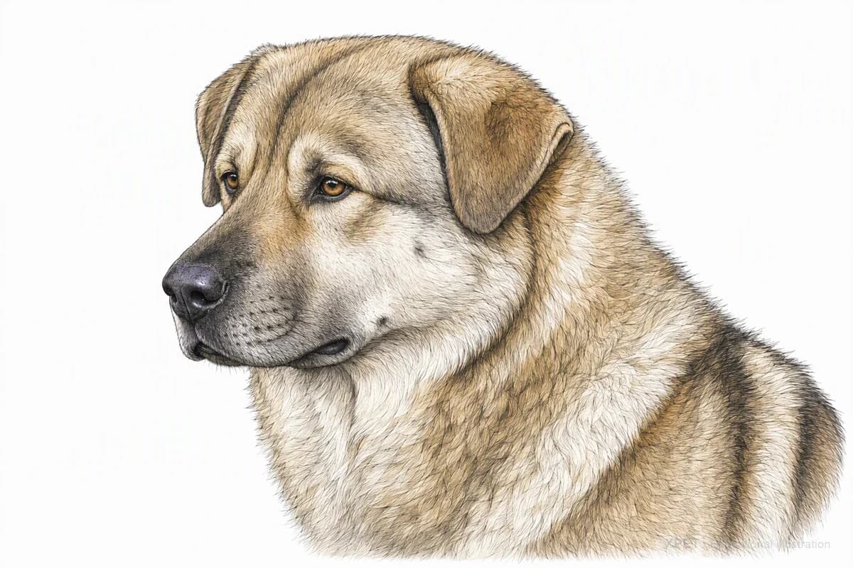Original XPET engraving and watercolor illustration of Aidi: a head and coat detail study.