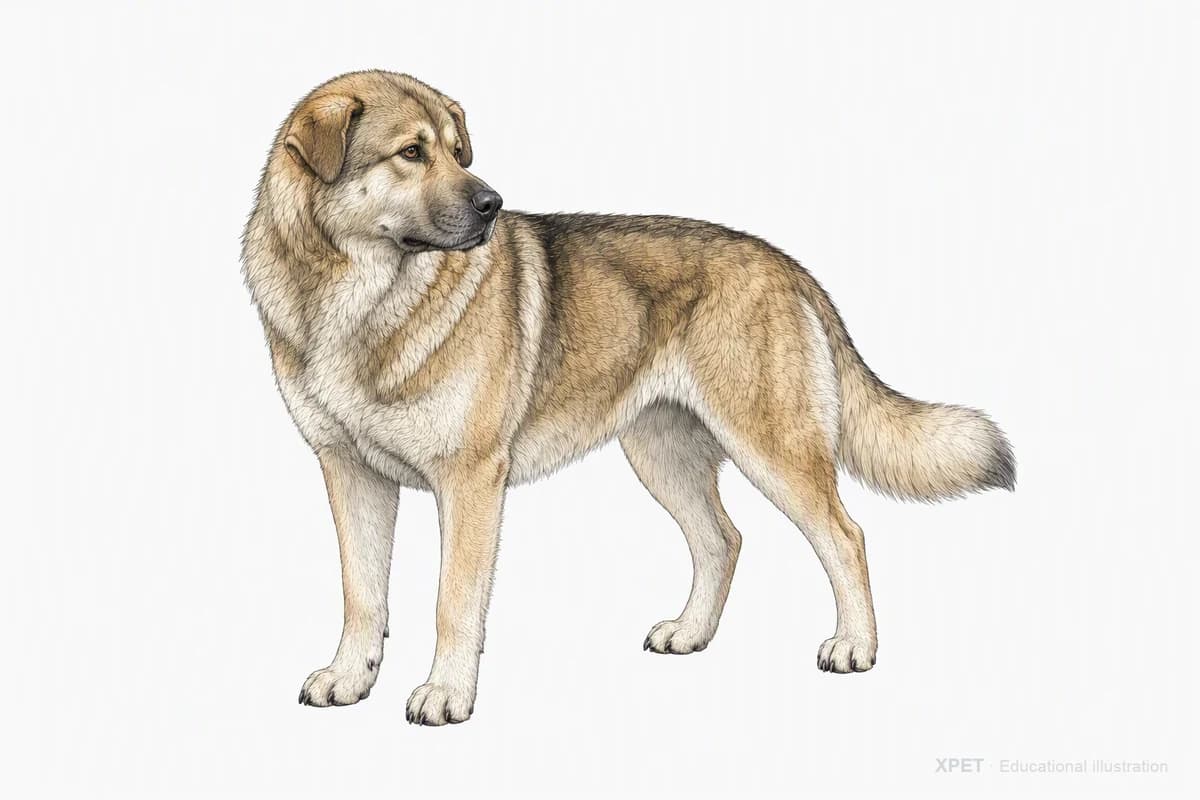 Original XPET engraving and watercolor illustration of Aidi: a complete three-quarter standing view.